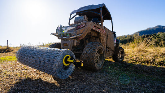 626 group fencing mesh tow ball mounted unroller made in Australia mounted to atv utv - unroll 900-1200mm fencing wire sheet / mesh roll behind your machine - use for ringlock rolls