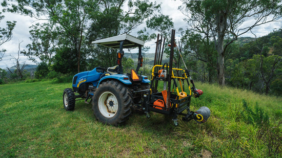 New Holland Boomer Compact Tractor working in Australia with Big Tool Rack Ultimate Rack carry all unit for fence work on hobby farm