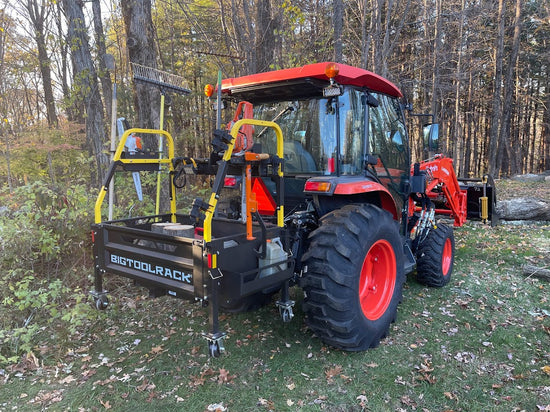 Big Tool Rack Ultimate rack tractor carry all and tool box now in Australia at 626 Group - fitted to Kubota 4x4 tractor working in woodcutting carry fire wood carry axe chainsaw while working in forestry 