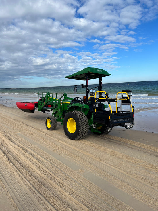 Ultimate Rack Tractor Carry All on John Deere 440R compact tractor working on Moreton island QLD towing boats and carrying tools