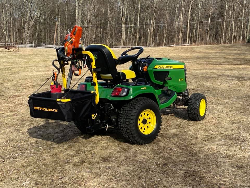 Big Tool Rack Yard Rack storage unit for mowers atv utv from 626 Group in Australia on john deere tractor style mower - this tool rack works with most mowers that have the ability to use our mounting bracket or have a tow hitch - like razorback , sherpa , rover , john deere x300 x400 x500 x700 , cox ride on mower, hustler , cub cadet , large husqvarna models , victa , kubota zero turn and ride on , toro , ryobi  & bobcat -