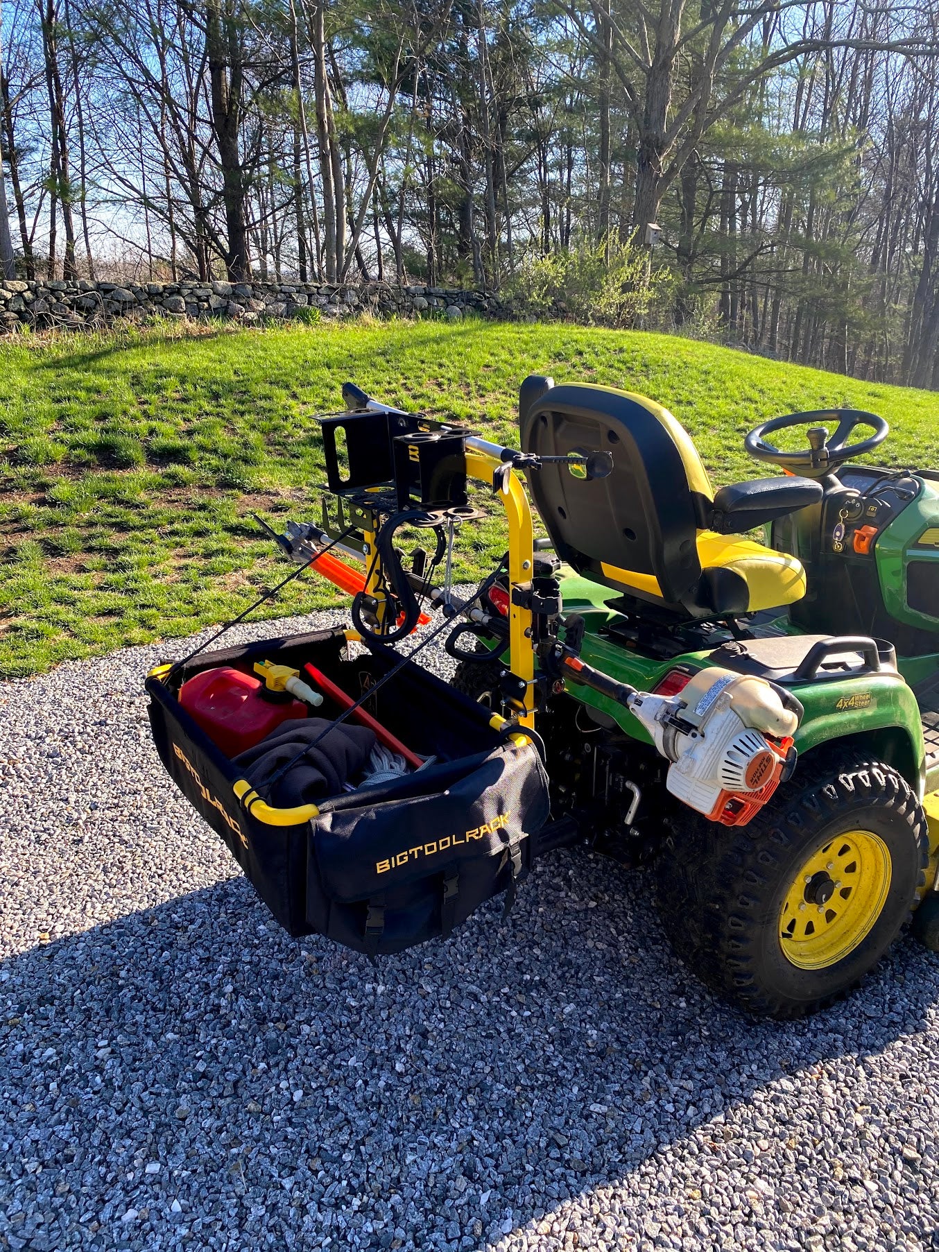 Big Tool Rack Yard Rack storage unit for mowers atv utv from 626 Group in Australia behind john deere ride on mower with tools - X300 X500 X700 -  this tool rack works with most mowers that have the ability to use our mounting bracket or have a tow hitch - like razorback , sherpa , rover , john deere x300 x400 x500 x700 , cox ride on mower, hustler , cub cadet , large husqvarna models , victa , kubota zero turn and ride on , toro , ryobi & bobcat -